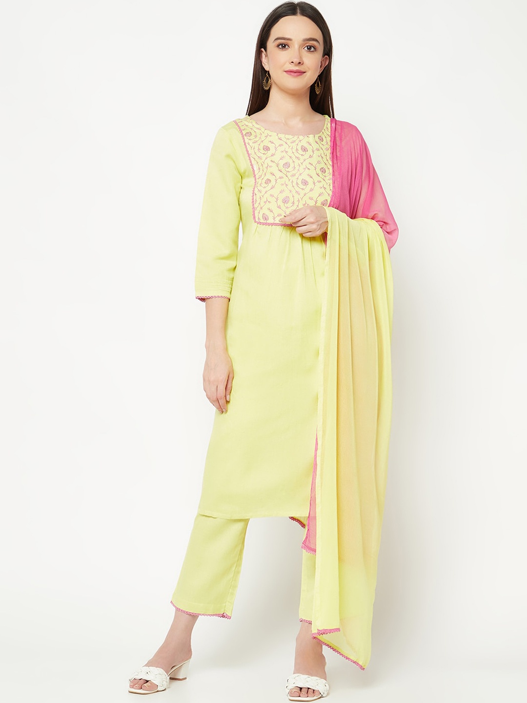 

IMARA Ethnic Motifs Yoke Design Thread Work Kurta with Trousers & With Dupatta, Lime green