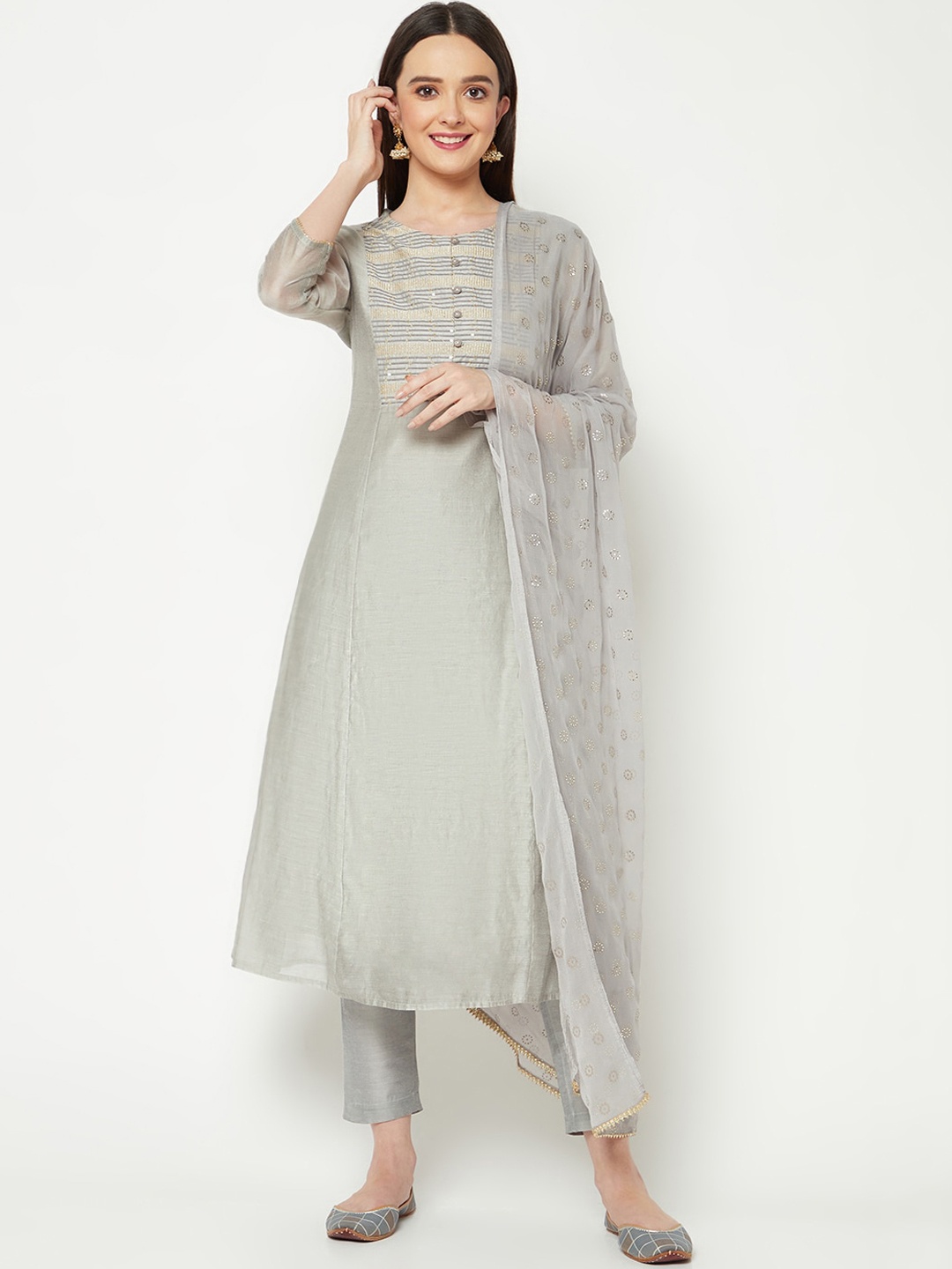 

IMARA Ethnic Motif Yoke Design Sequinned Chanderi Silk Kurta with Trousers & Dupatta, Grey