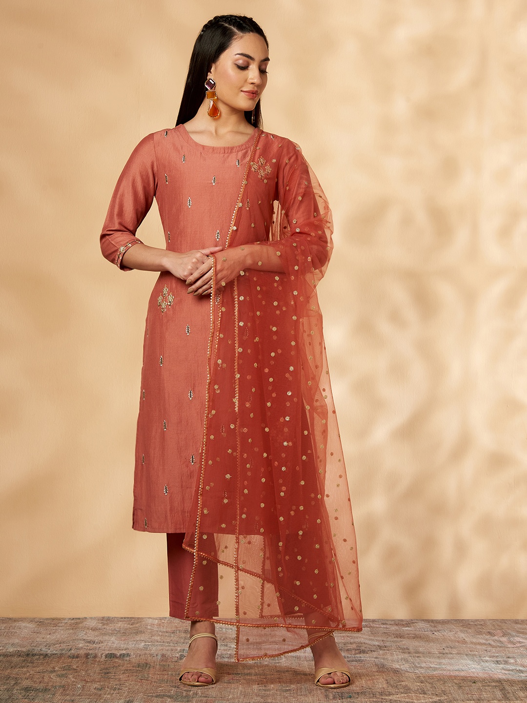 

IMARA Floral Embroidered Sequinned Kurta with Trousers & With Dupatta, Rust