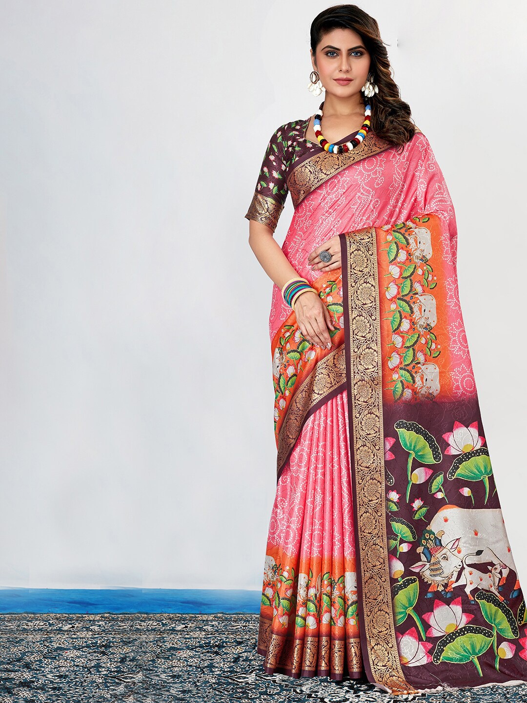 

Anouk Pink & Purple Zari Bandhani Saree