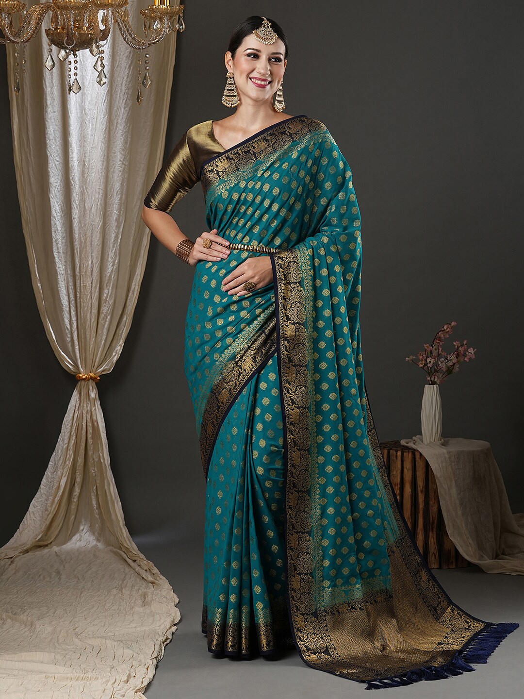 

Anouk Blue & Gold-Toned Woven Design Zari Pure Georgette Kanjeevaram Saree