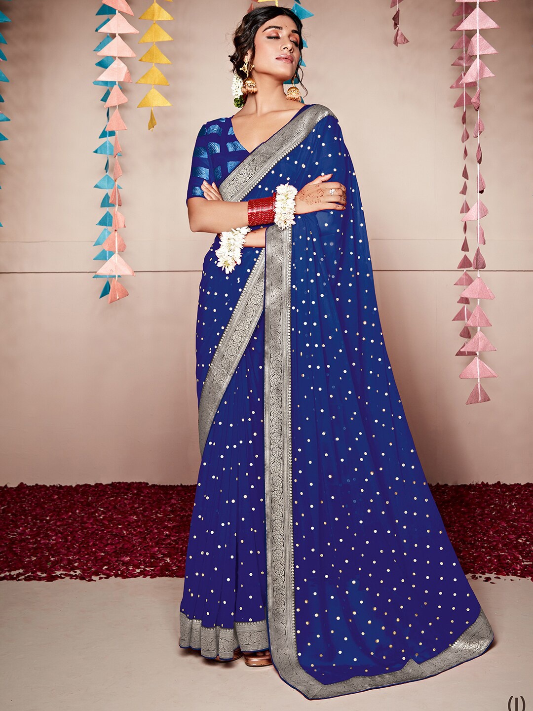 

Anouk Blue & Gold-Toned Polka Dot Zari Pure Georgette Saree