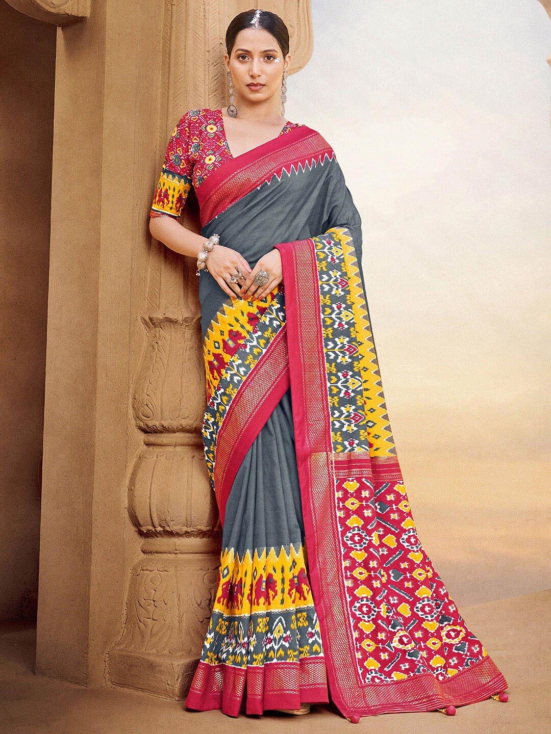 

Anouk Grey & Pink Ethnic Motifs Zari Patola Saree