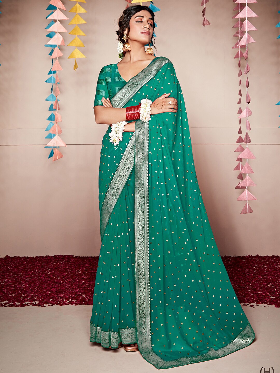 

Anouk Green & Gold-Toned Polka Dot Zari Pure Georgette Saree