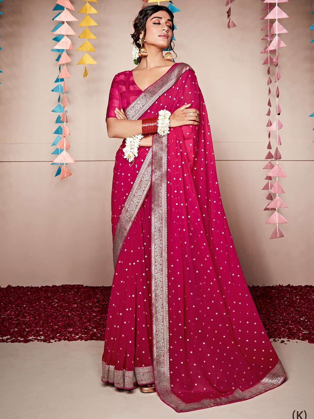 

Anouk Pink & Gold-Toned Polka Dot Zari Pure Georgette Saree
