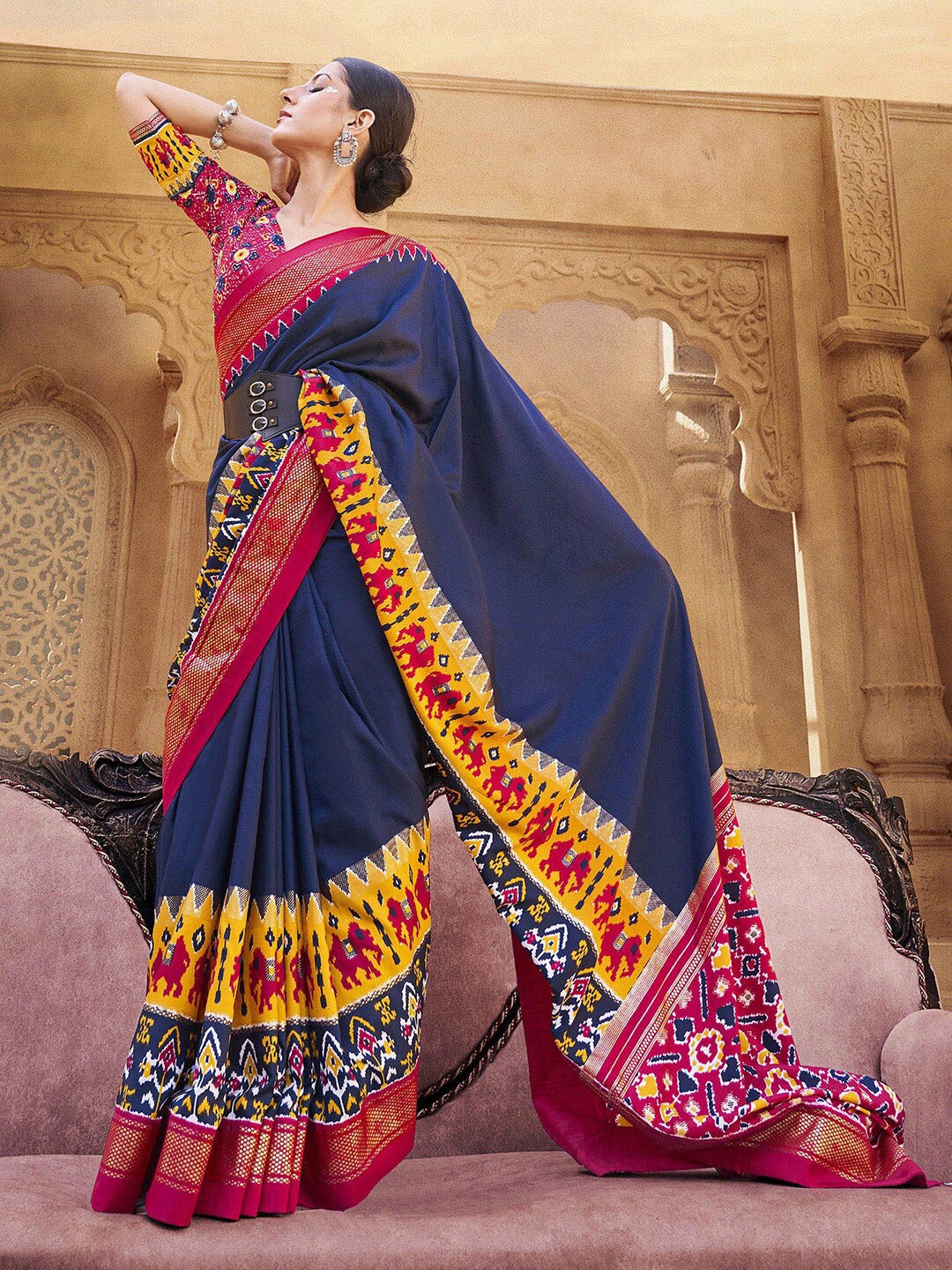 

Anouk Navy Blue & Pink Ethnic Motif Zari Patola Saree
