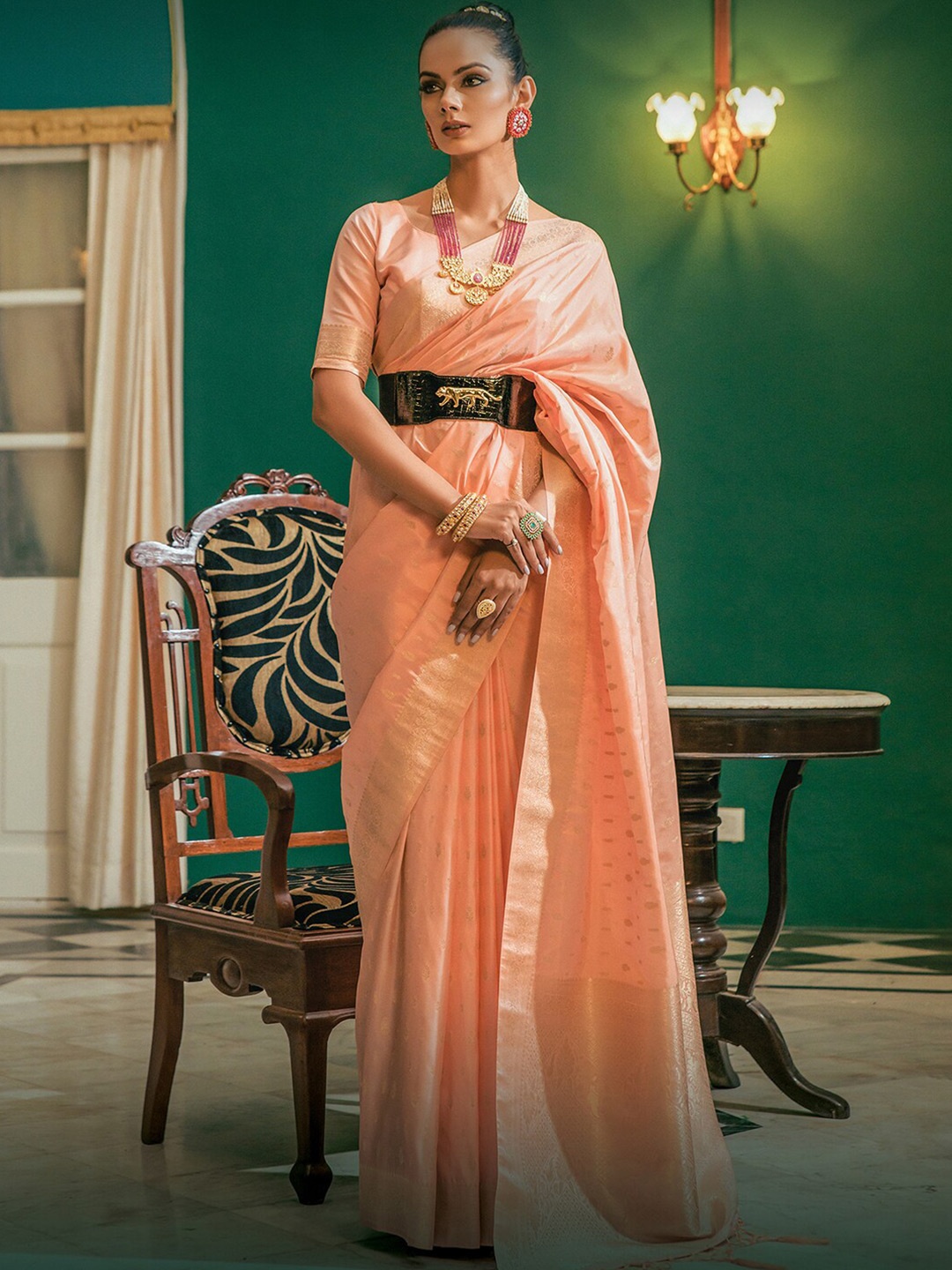 

Mitera Peach-Coloured & Gold-Toned Ethnic Motifs Woven Design Zari Banarasi Saree