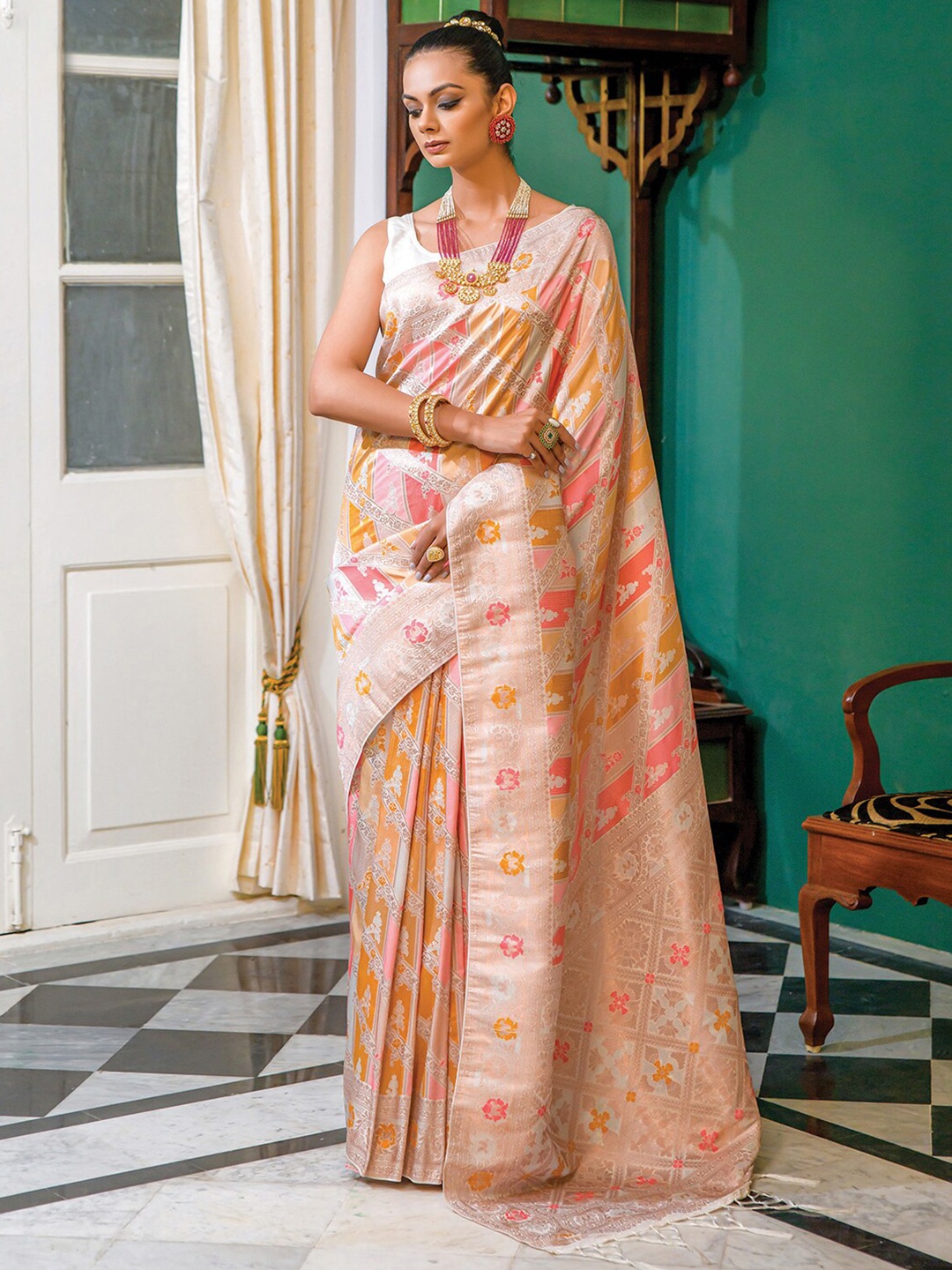 

Mitera Pink & Yellow Woven Design Zari Banarasi Saree