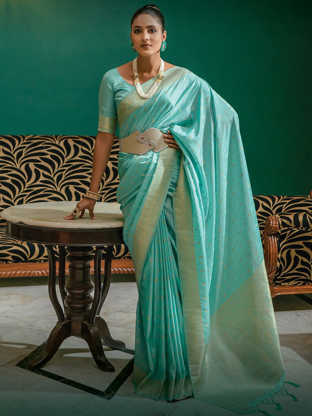 

Mitera Turquoise Blue & Gold-Toned Woven Design Zari Banarasi Saree