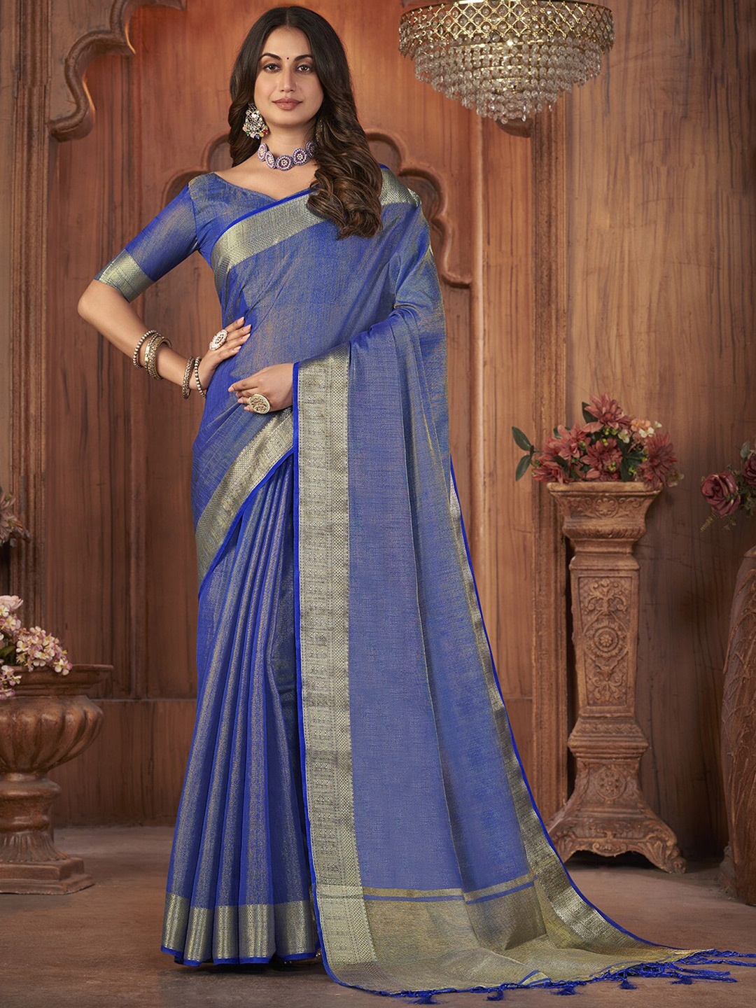 

Mitera Blue & Gold-Toned Woven Design Zari Tissue Saree