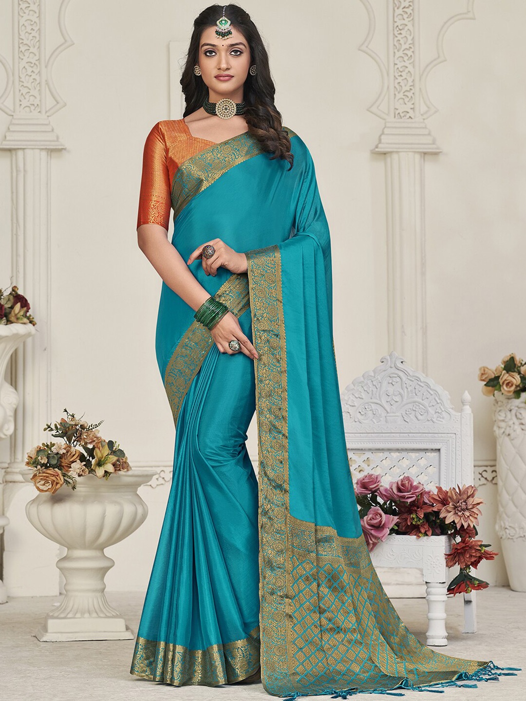 

Mitera Blue & Gold-Toned Zari Banarasi Saree