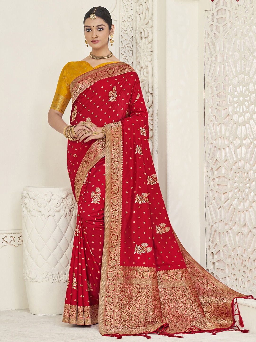

Mitera Red & Gold-Toned Ethnic Motifs Woven Design Zari Art Silk Banarasi Saree