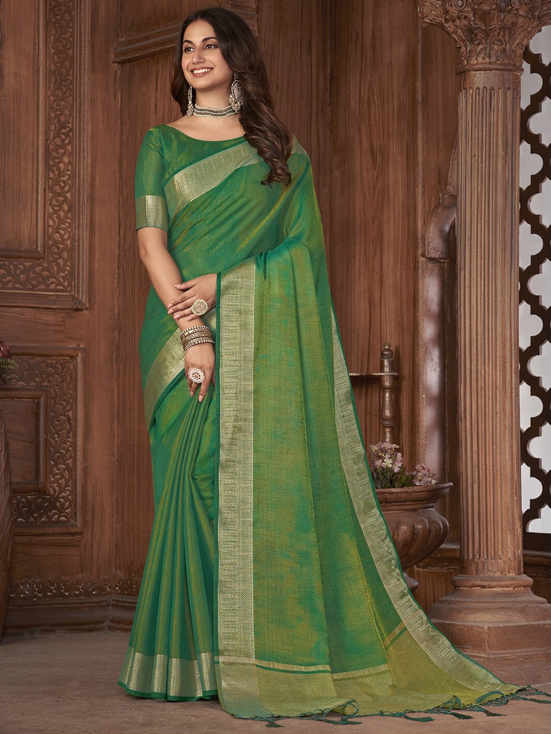 

Mitera Green Zari Tissue Saree