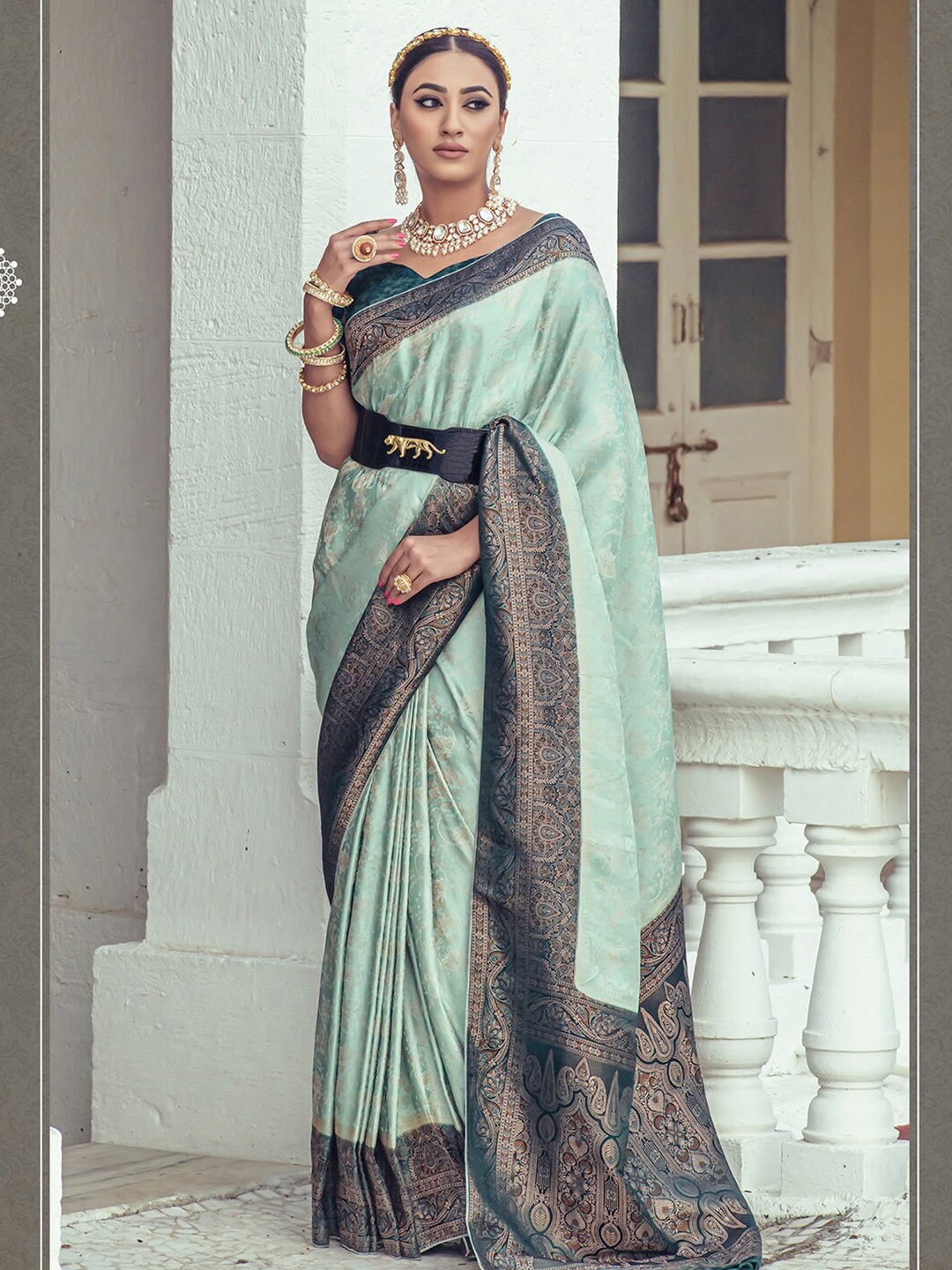 

Mitera Green & Blue Ethnic Motifs Woven Design Zari Satin Banarasi Saree