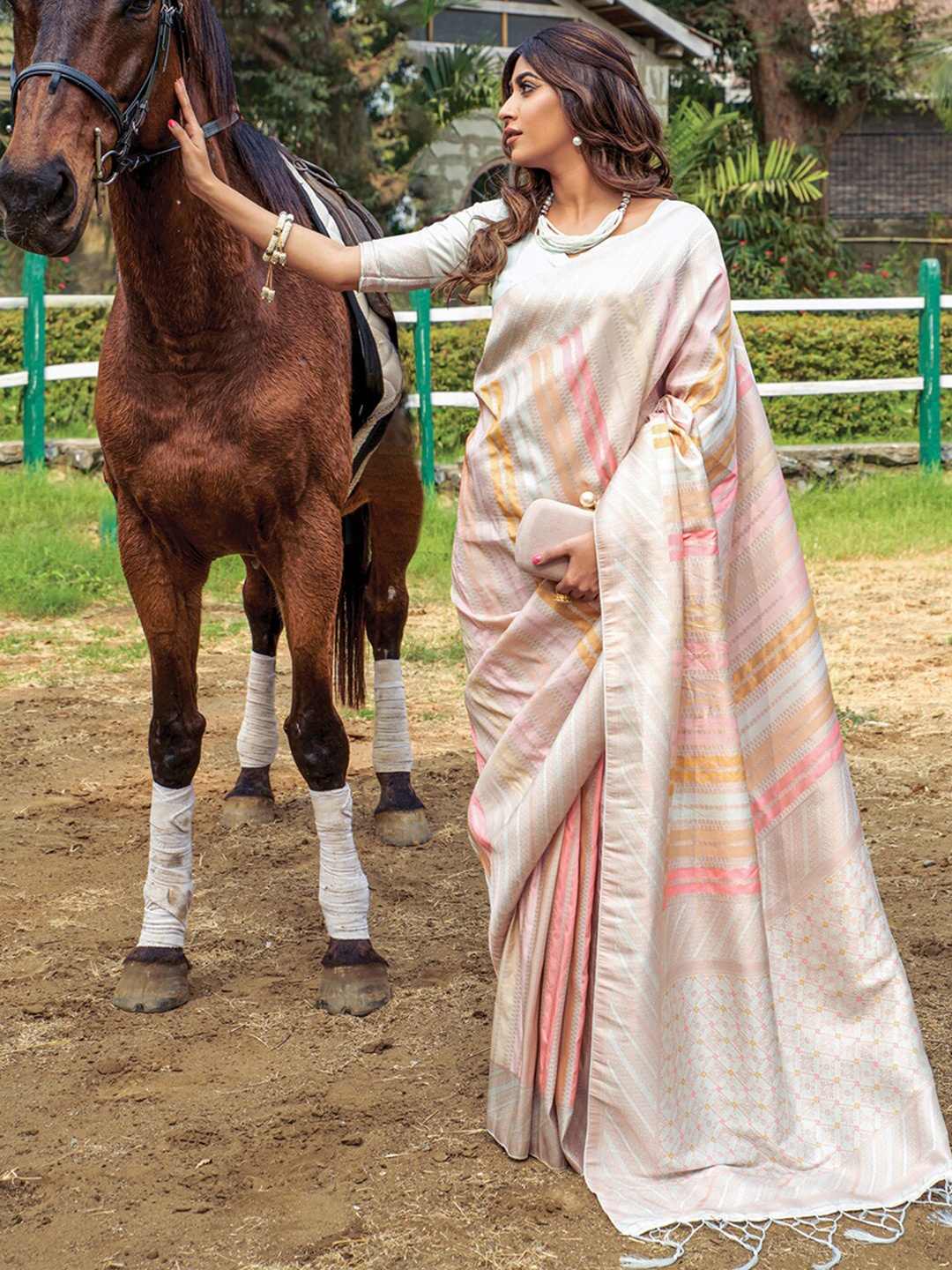 

Mitera Cream & Yellow Striped Zari Banarasi Saree