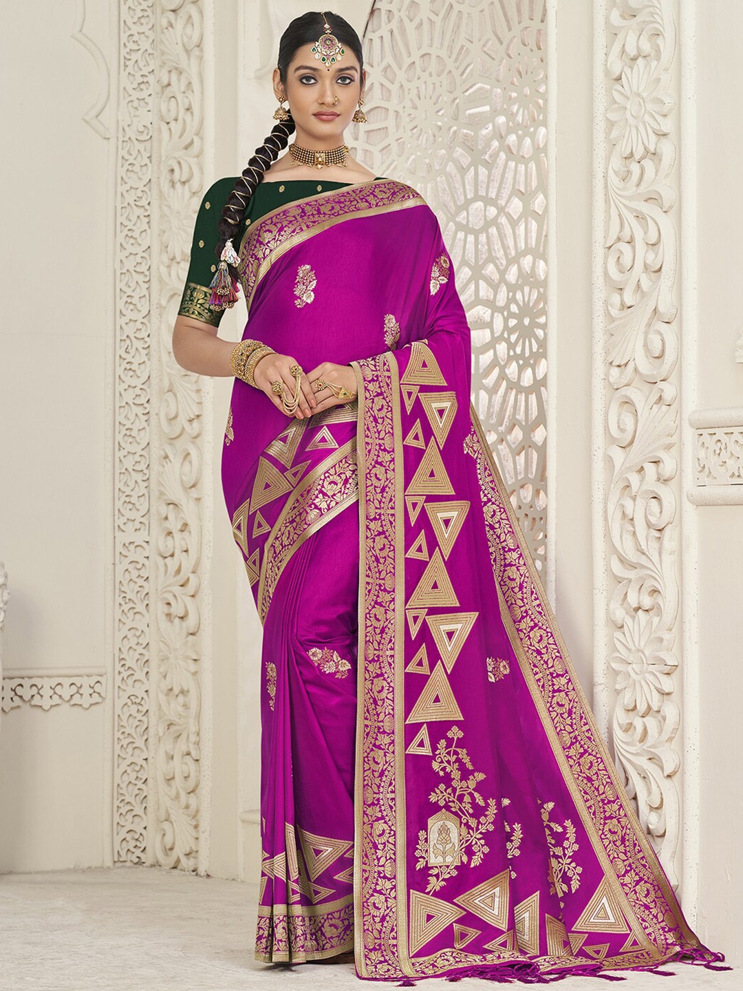 

Mitera Pink & Gold-Toned Woven Design Zari Art Silk Banarasi Saree