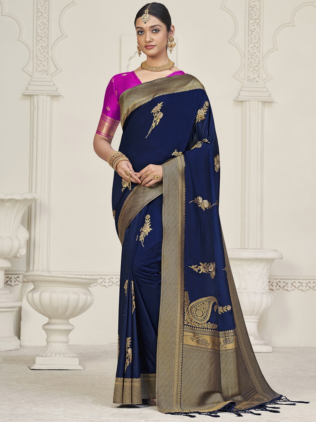 

Mitera Navy Blue & Gold-Toned Woven Design Zari Art Silk Banarasi Saree