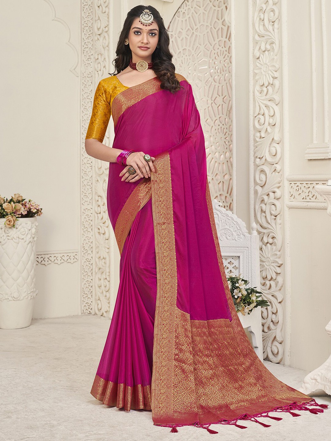 

Mitera Pink & Yellow Zari Banarasi Saree