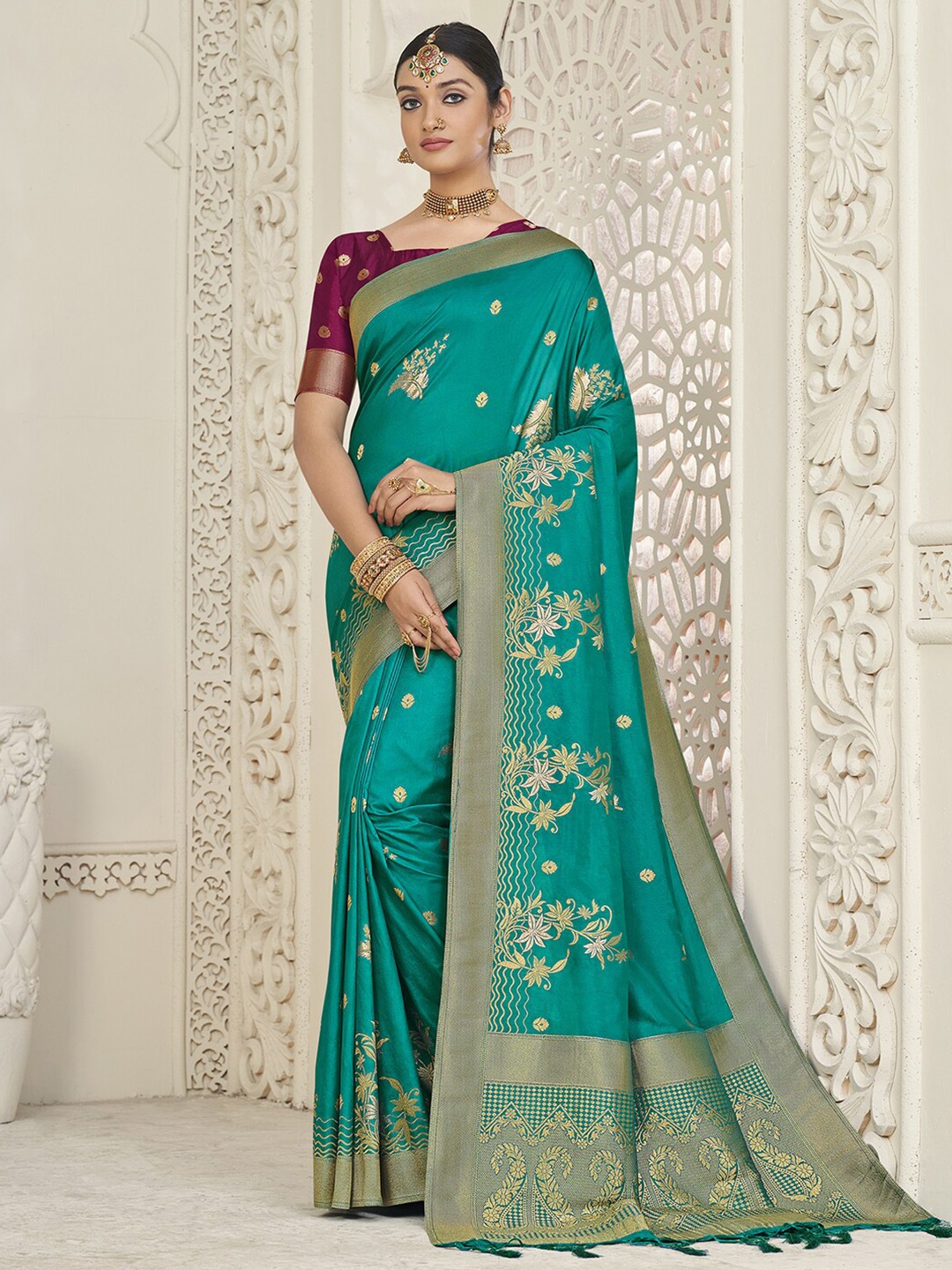 

Mitera Blue & Gold-Toned Woven Design Zari Art Silk Banarasi Saree