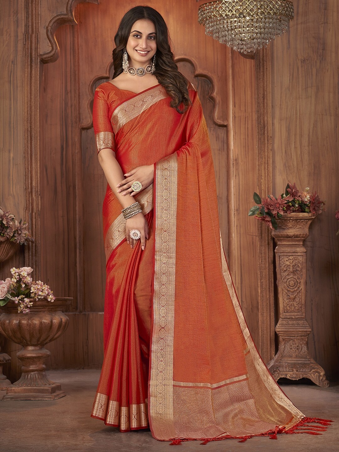 

Mitera Orange & Gold-Toned Zari Tissue Saree
