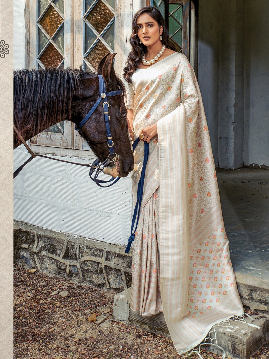 

Mitera Turquoise Blue & Pink Woven Design Zari Banarasi Saree