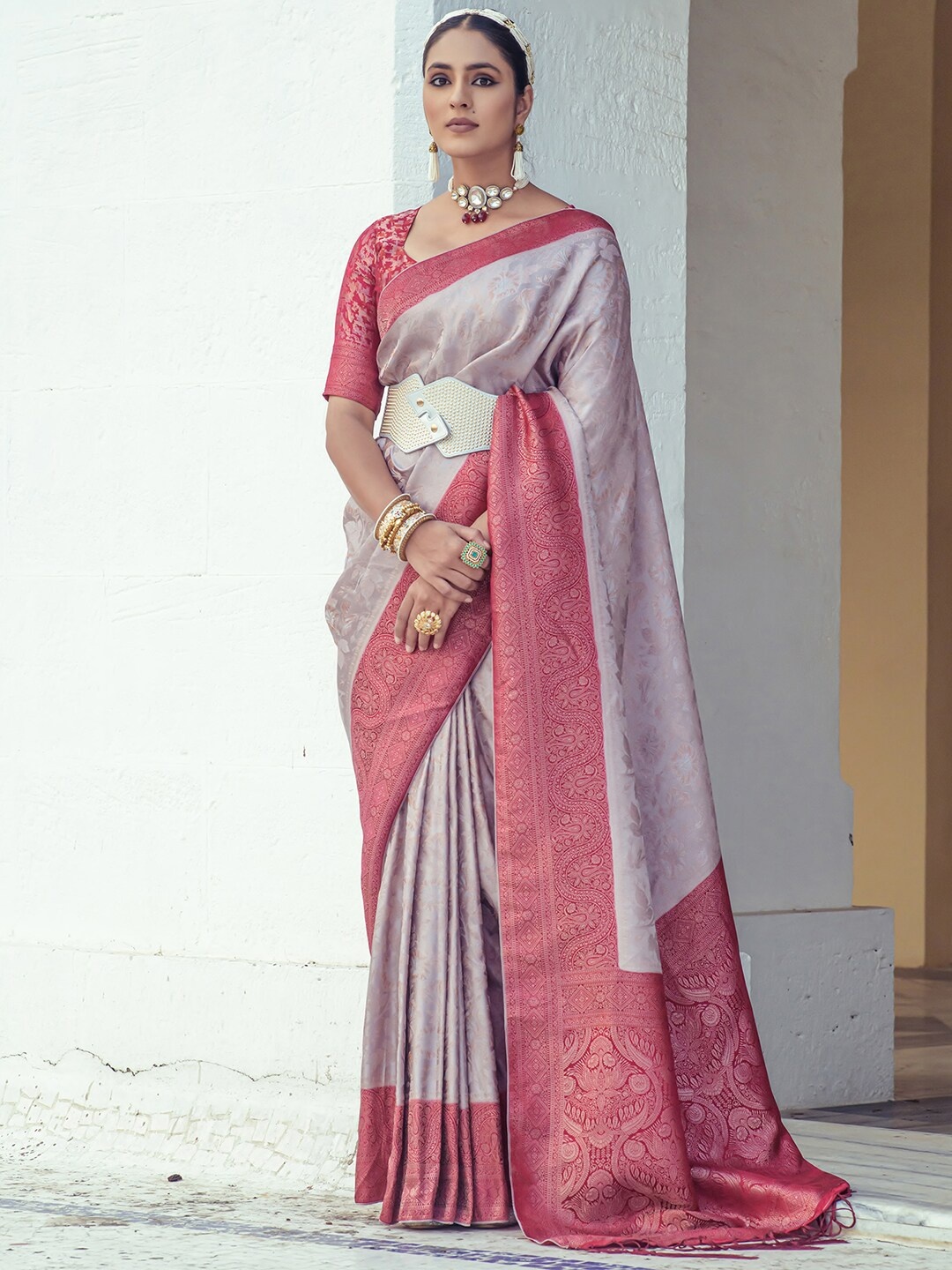 

Mitera Grey & Purple Woven Design Zari Satin Banarasi Saree