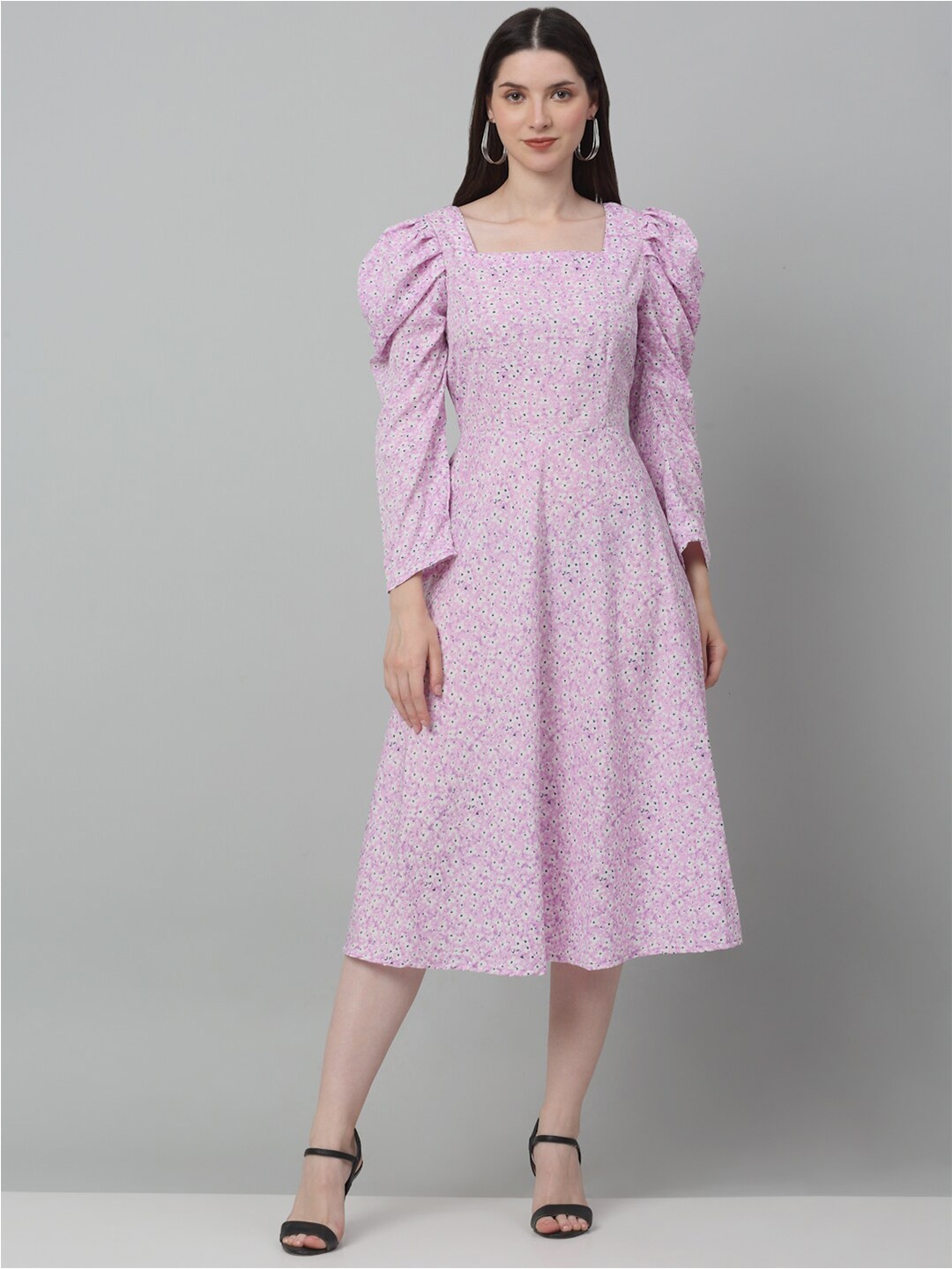 

JAINISH Floral Printed Puff Sleeves Fit & Flare Midi Dress, Purple