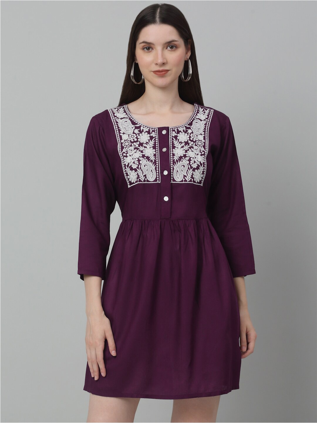 

JAINISH Ethnic Embroidered Fit & Flare Dress, Purple