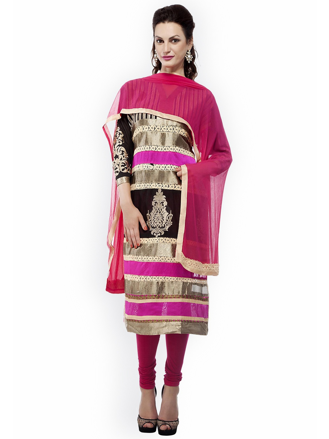 

Chhabra 555 Black & Pink Cotton Blend Unstitched Dress Material