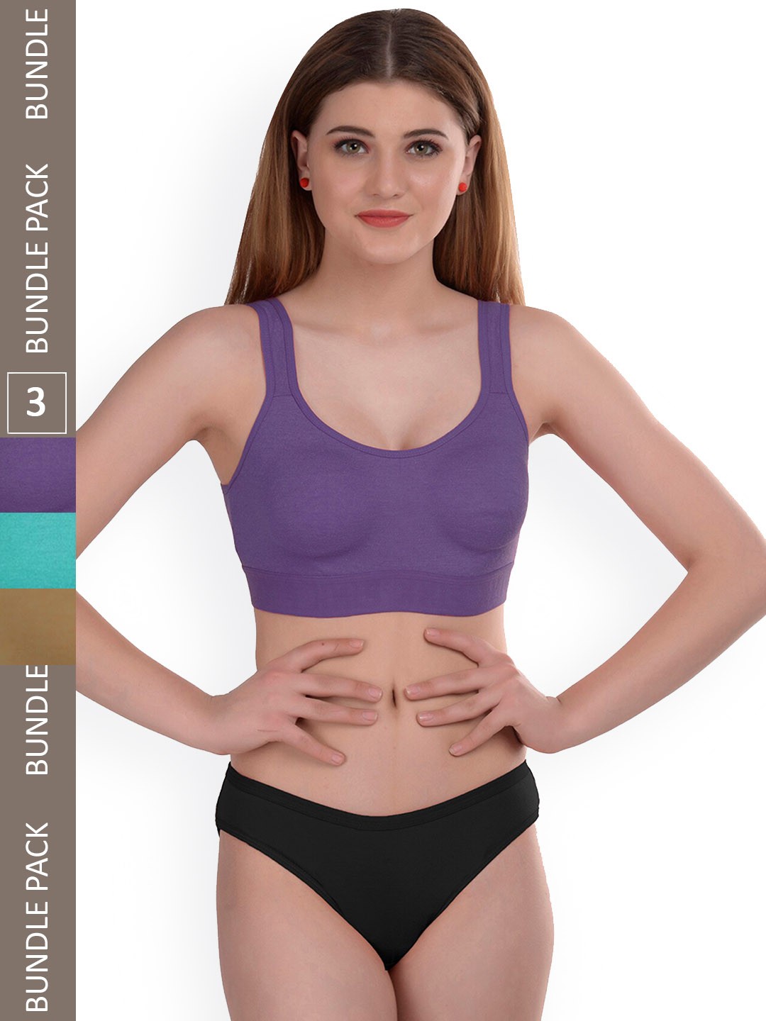 AROUSY Pack of 3 Non Padded Cotton Lingerie Set Gayla Set_Purple,Blue,Brown_32