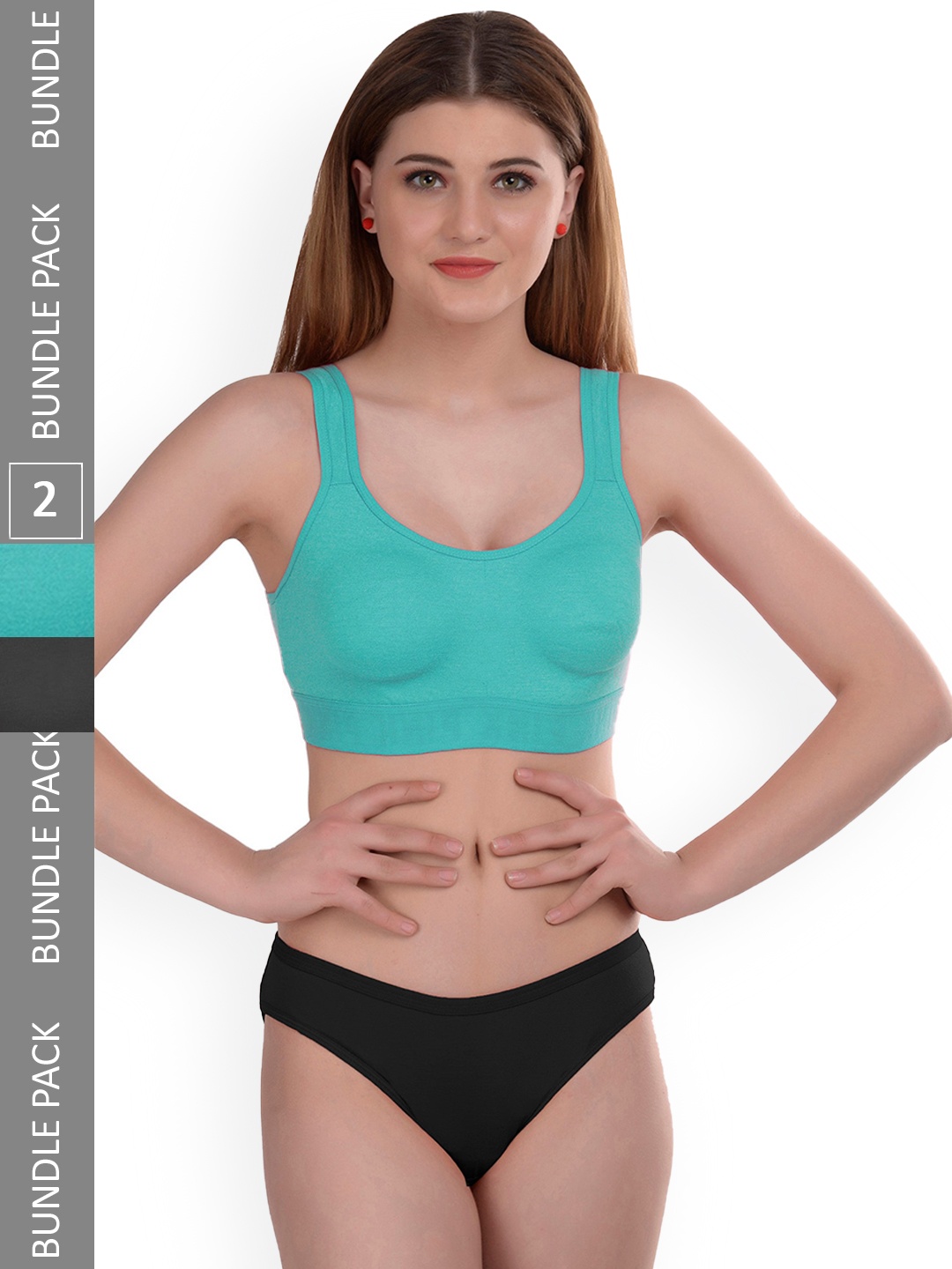 

AROUSY Pack Of 2 Non Padded Cotton Lingerie Set Gayla Set_Blue,Black_38, Turquoise blue