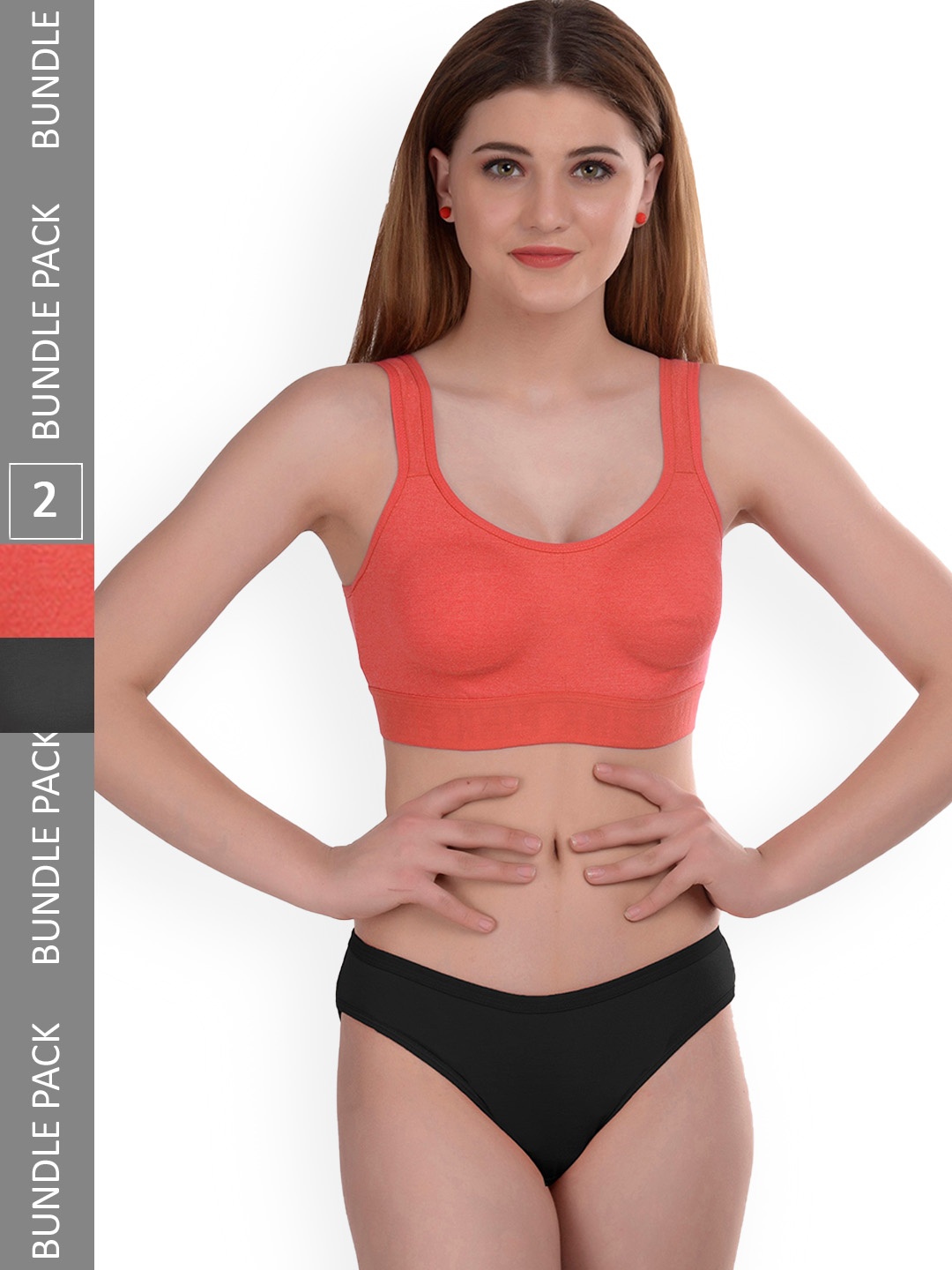 

AROUSY Pack Of 2 Non-Padded Cotton Lingerie Set Gayla Set_Orange,Black_34