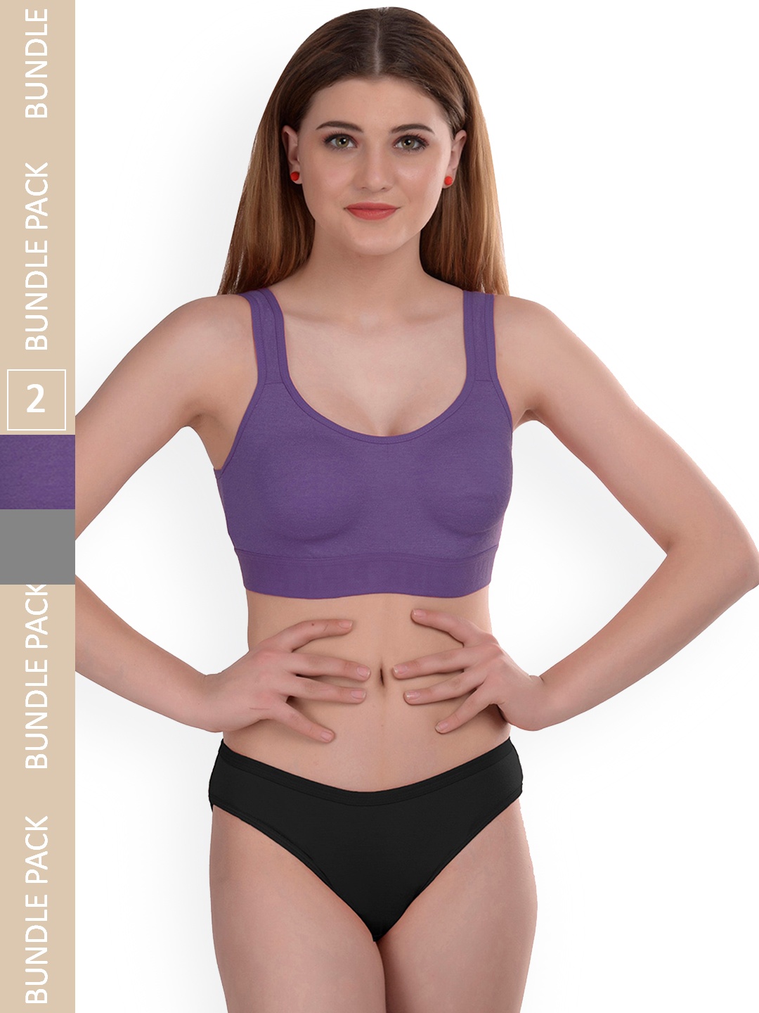 

AROUSY Pack Of 2 Cotton Non-Padded Lingerie Set Gayla Set_Purple,Black_40