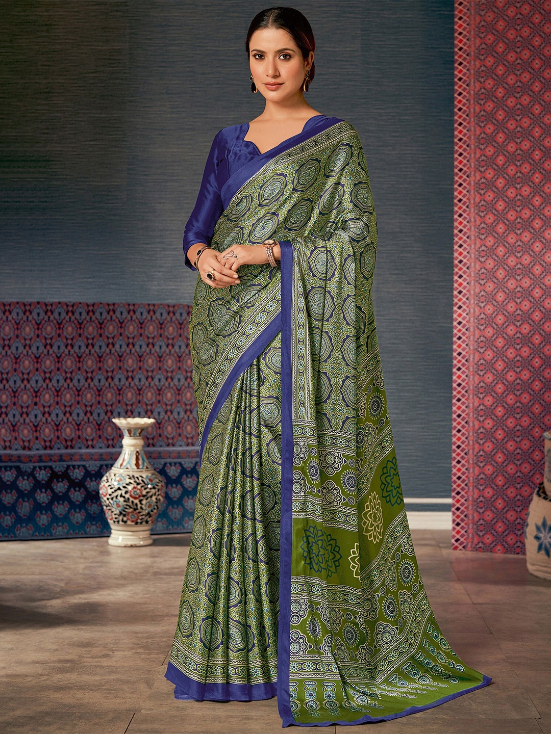 

Saree mall Olive Green & Blue Ajrak Printed Block Print Saree