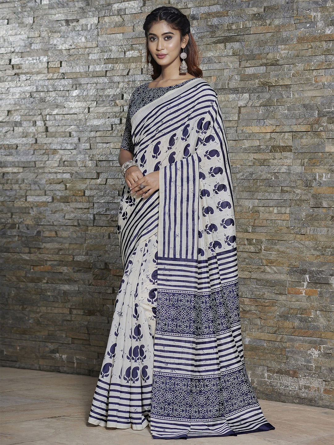 

Saree mall White & Blue Paisley Printed Art Silk Bagh Sarees