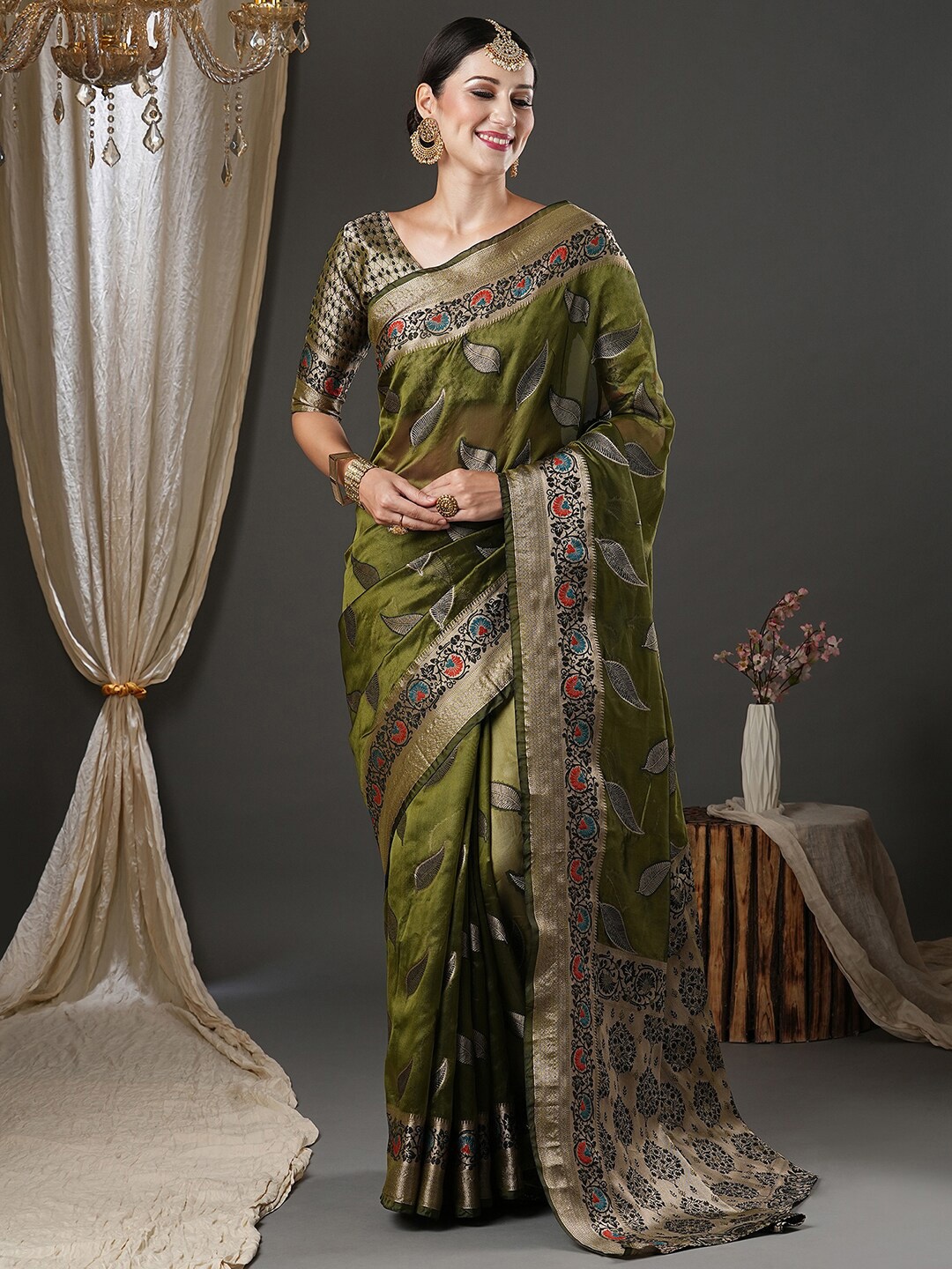 

Saree mall Olive Green & Gold-Toned Woven Design Zari Organza Banarasi Sarees