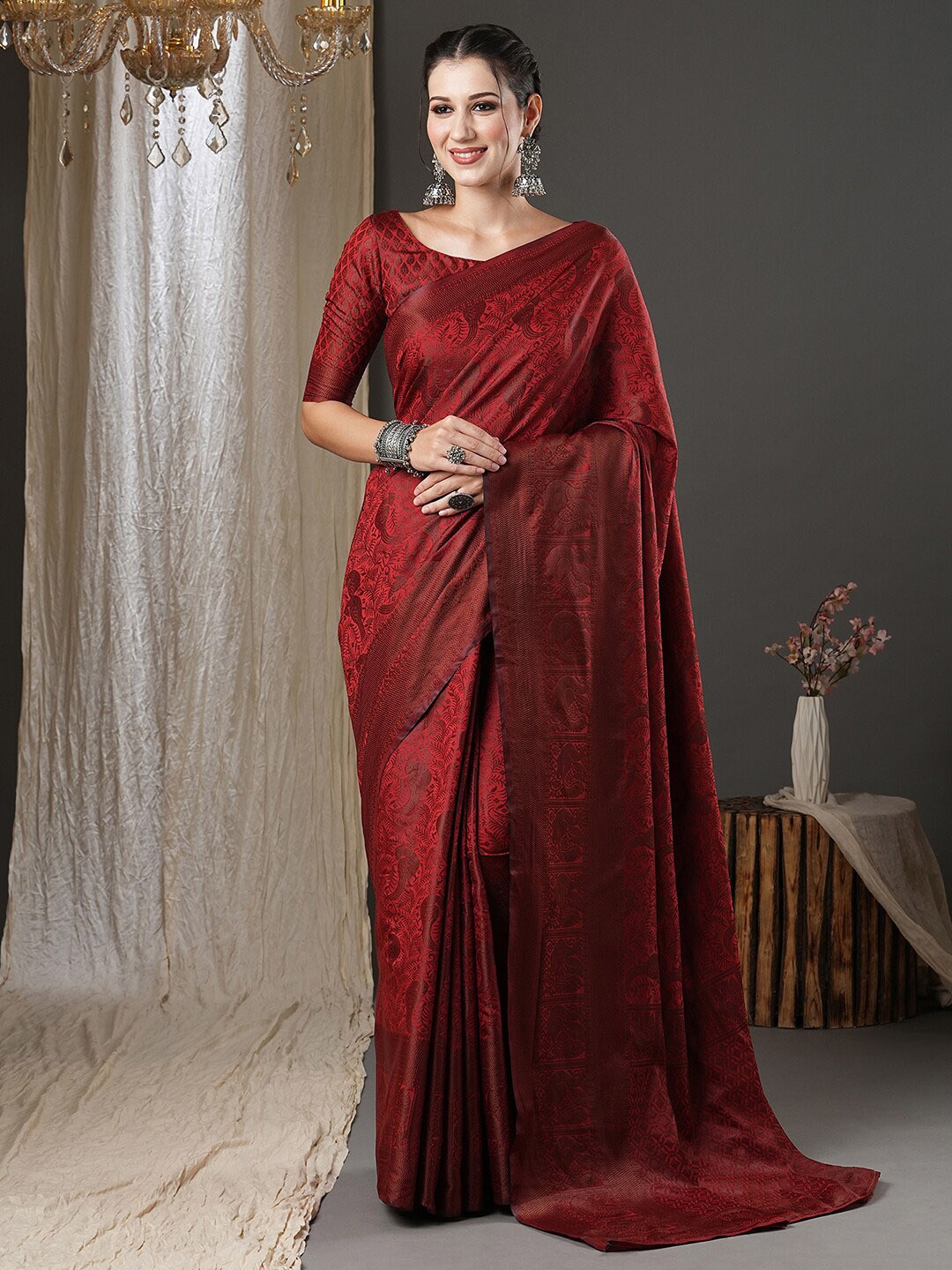 

Saree mall Maroon Ethnic Motifs Woven Design Zari Banarasi Saree, Red