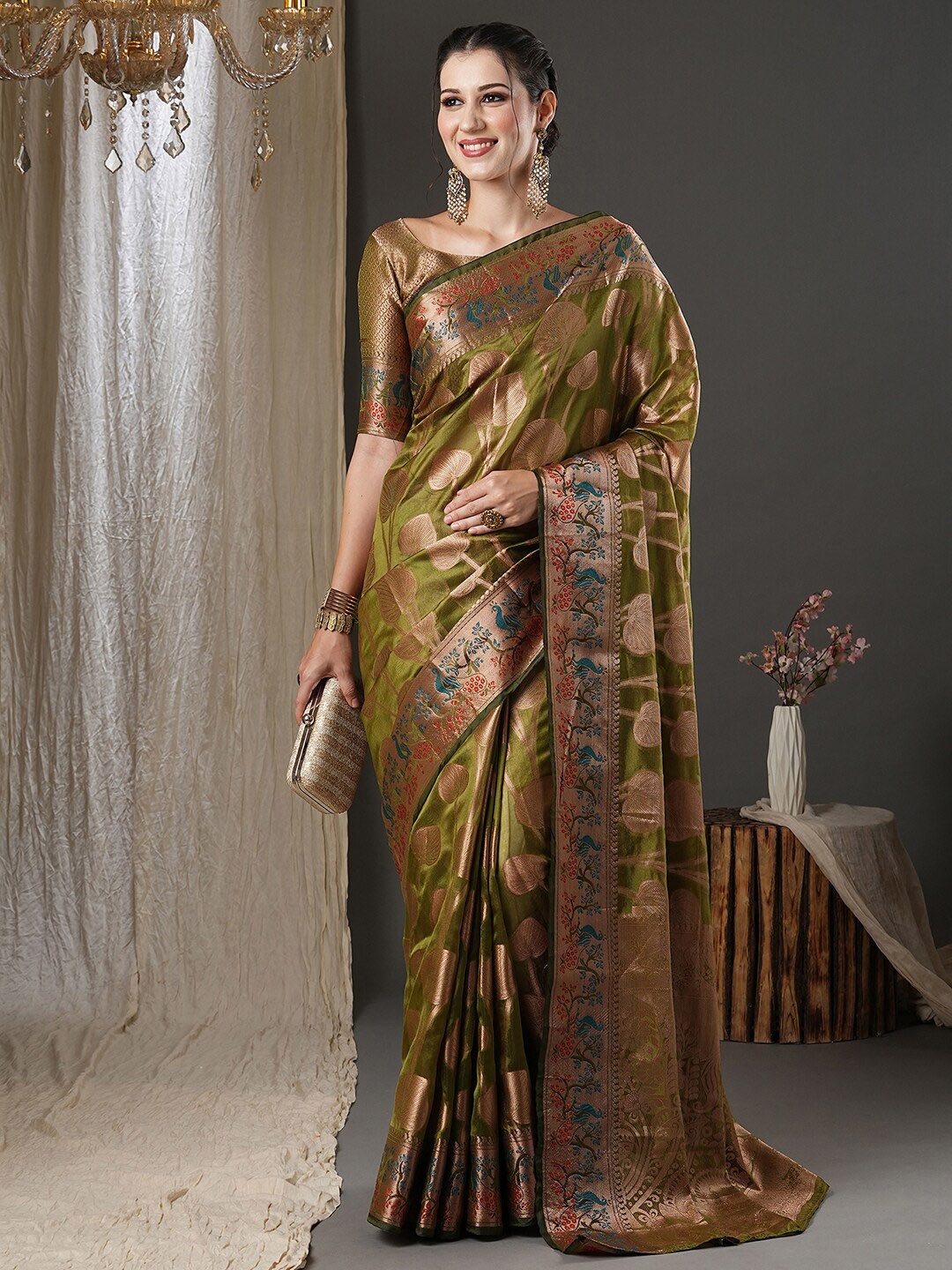

Saree mall Olive Green & Gold-Toned Woven Design Zari Organza Banarasi Saree