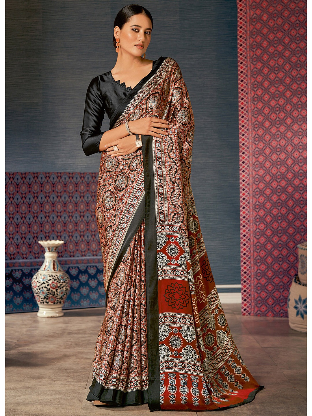 

Saree mall Brown & Black Ajrak Printed Pure Crepe Block Print Saree