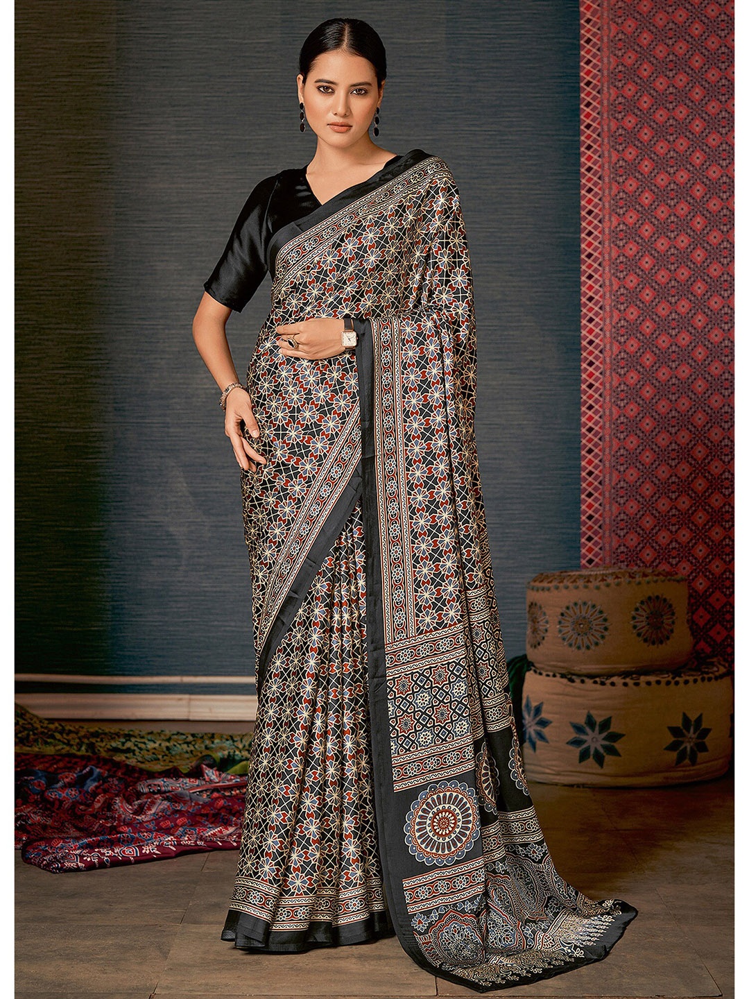 

Saree mall Black Off White Ajrak Printed Poly Crepe Block Print Saree