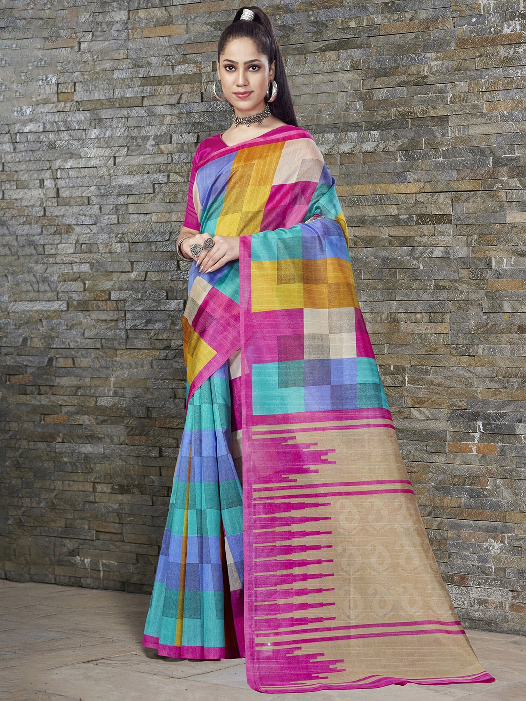 

Saree mall Pink & Yellow Colourblocked Art Silk Bhagalpuri Saree