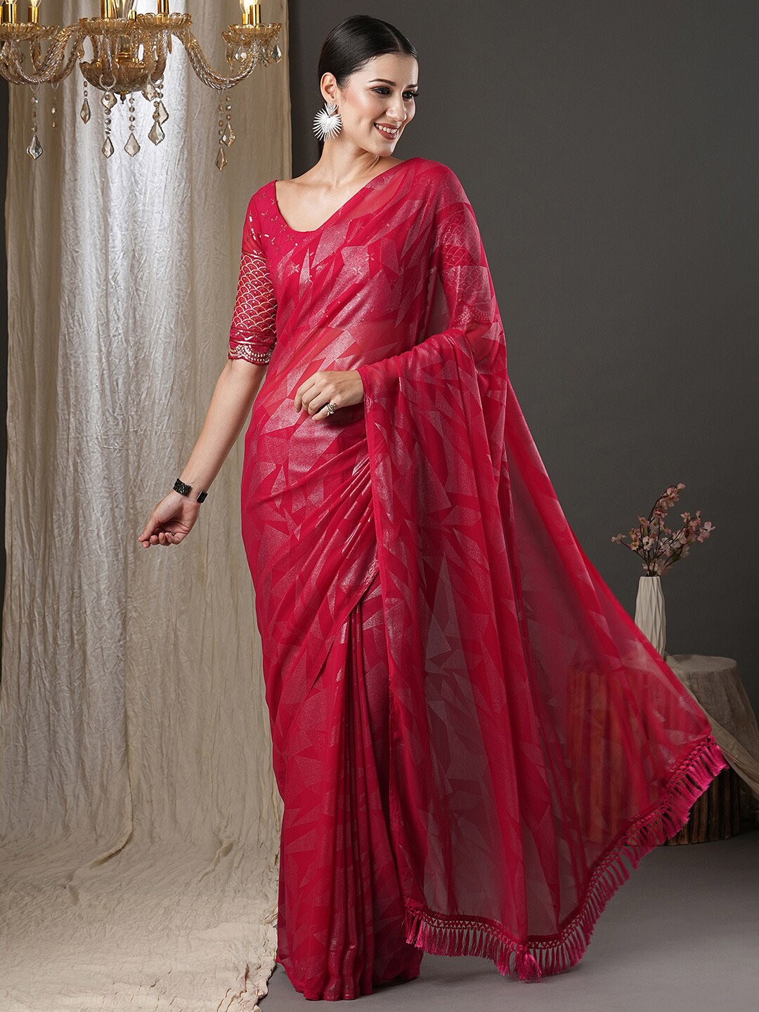 

Saree mall Red & Silver-Toned Geometric Printed Pure Georgette Saree