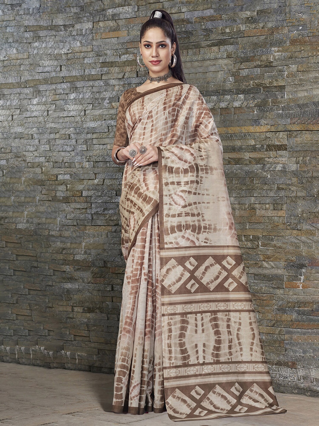 

Saree mall Beige & Brown Tie And Dye Art Silk Bagh Sarees