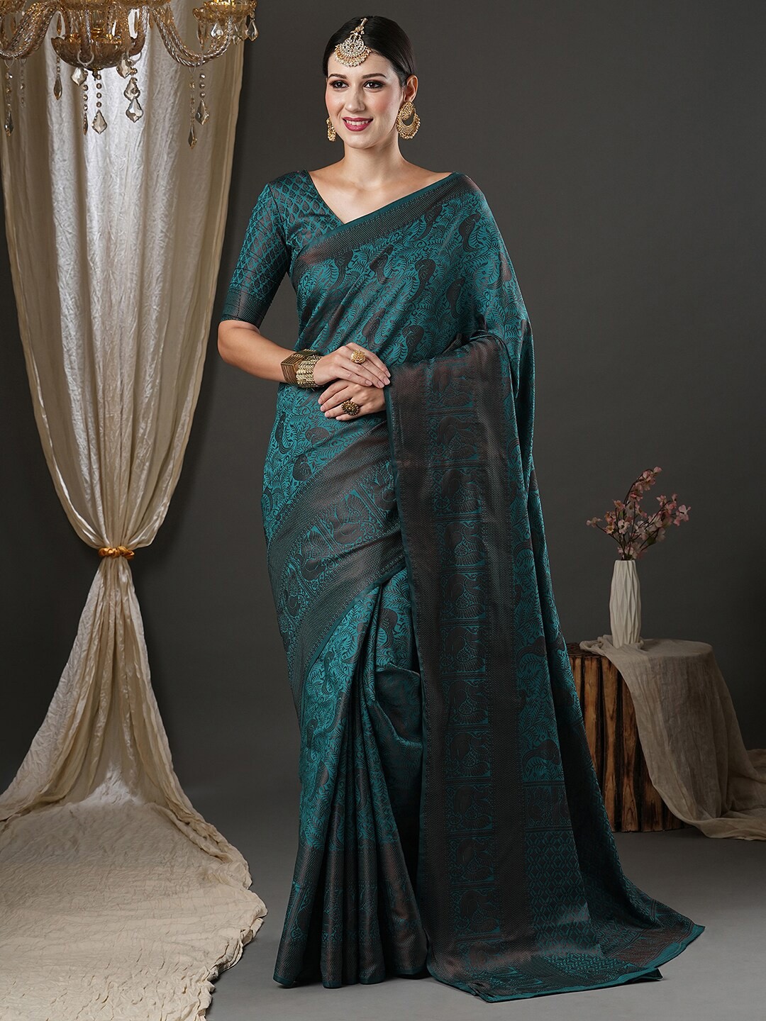 

Saree mall Teal & Black Woven Design Banarasi Sarees