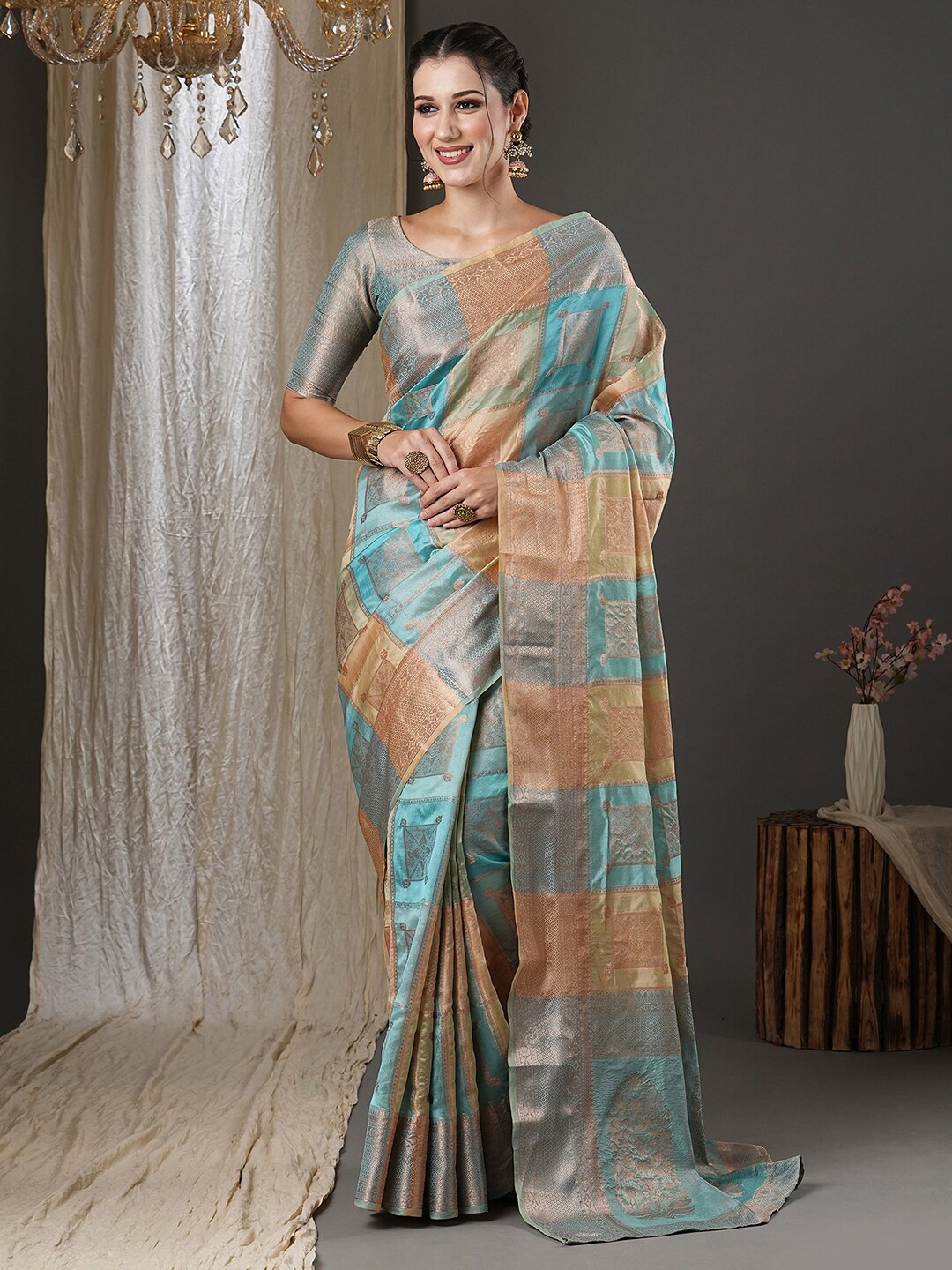 

Saree mall Blue & Gold-Toned Woven Design Zari Organza Banarasi Sarees