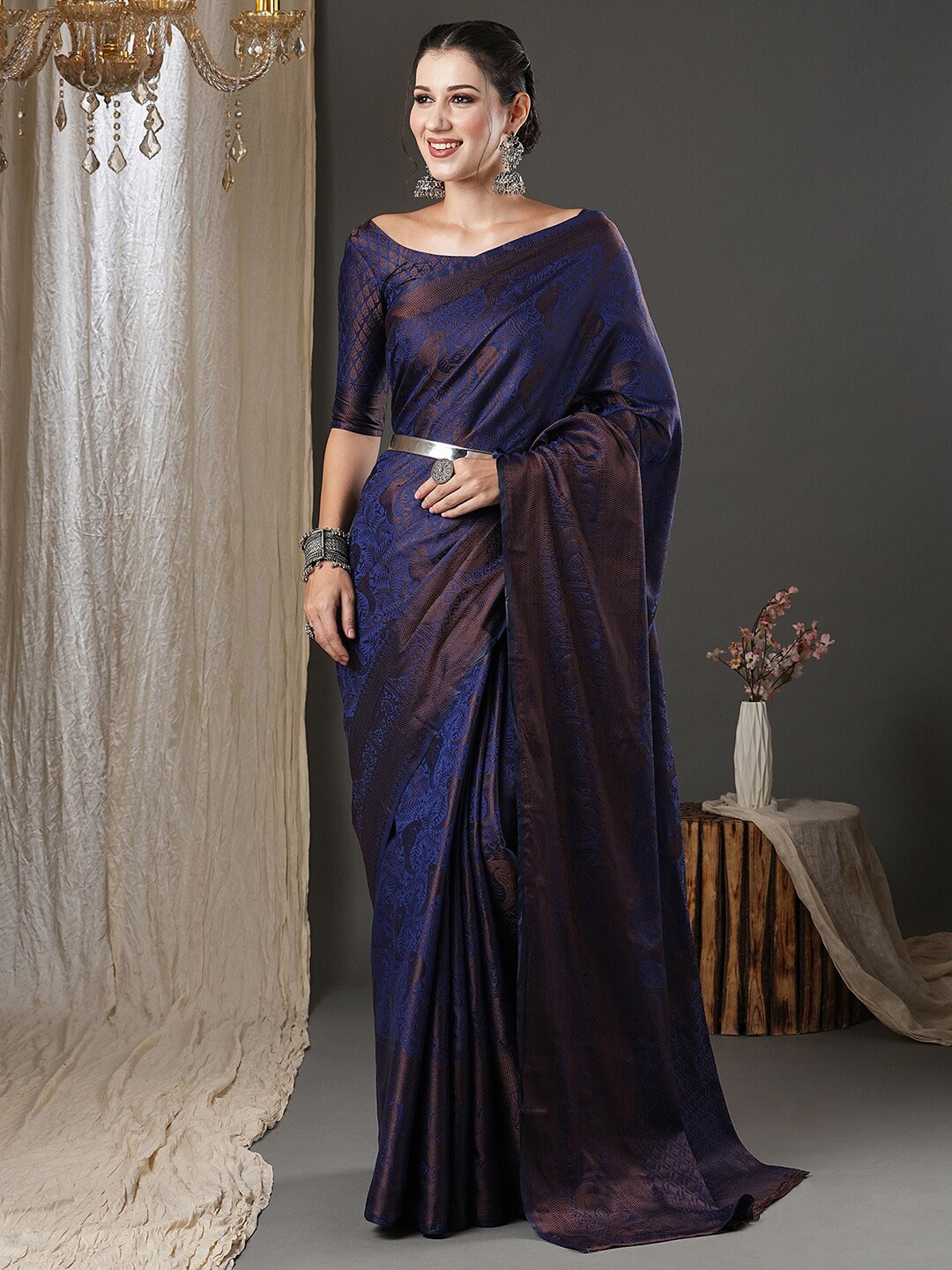 

Saree mall Navy Blue & Gold-Toned Woven Design Zari Banarasi Sarees