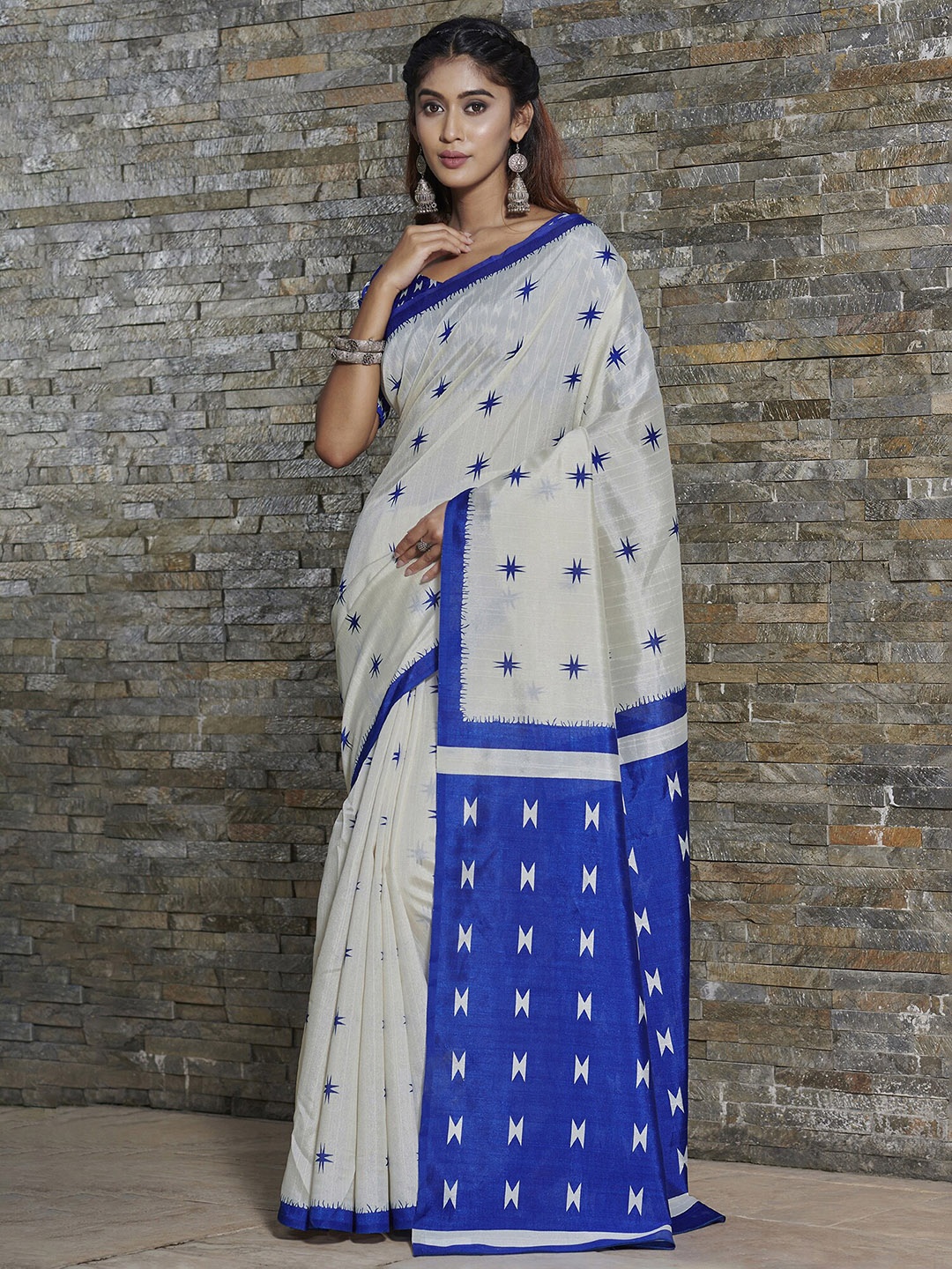 

Saree mall Off White & Blue Printed Art Silk Bagh Sarees