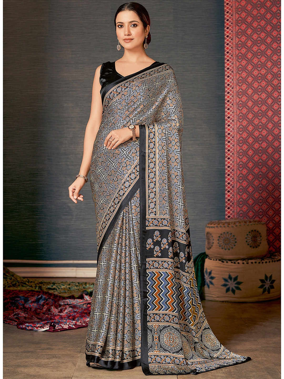 

Saree mall Grey & Black Ajrak Block Printed Sarees