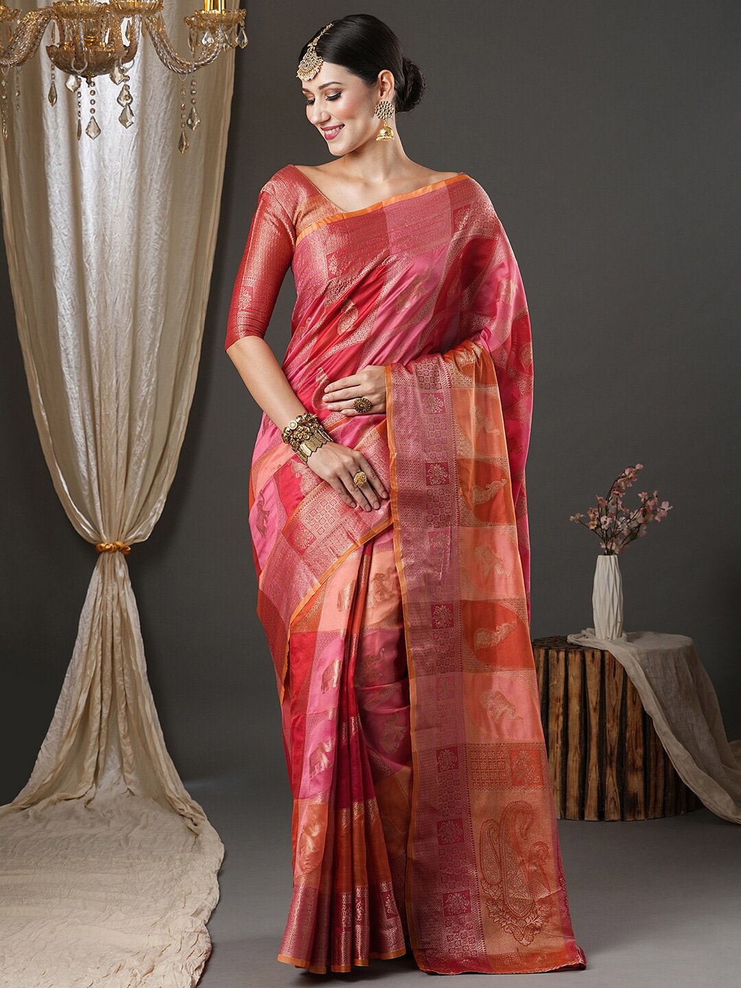 

Saree mall Pink Ethnic Motifs Woven Design Zari Banarasi Saree