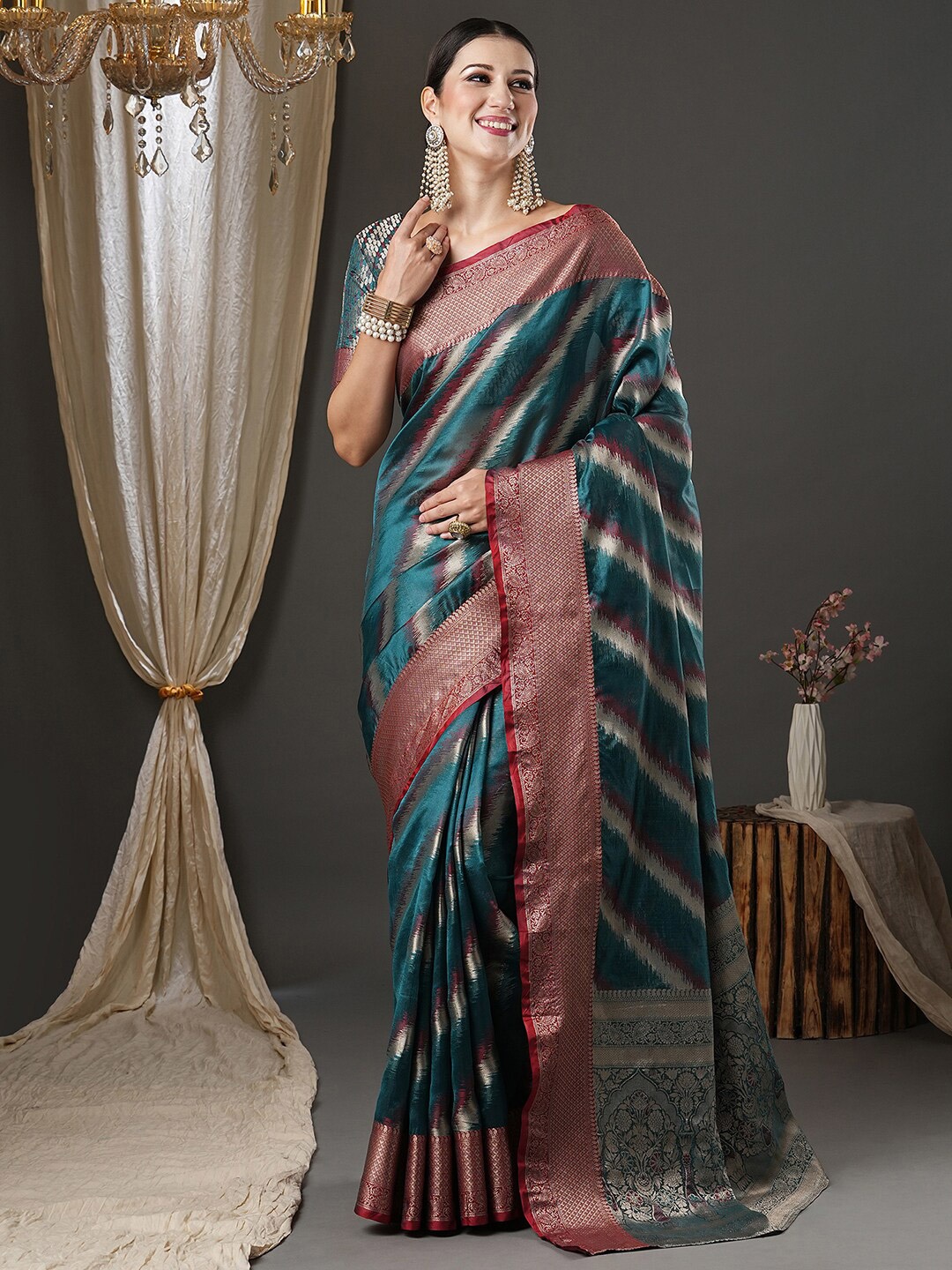 

Saree mall Teal Woven Design Zari Banarasi Saree